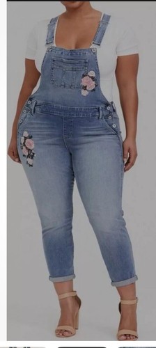 Torrid Sz 18 Denim Jean Overalls Blue Embroidered Floral Pink Roses Pockets - Picture 1 of 8