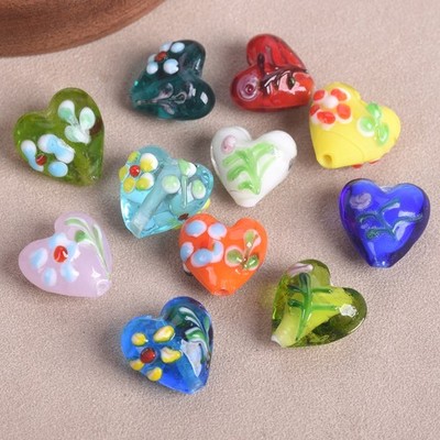 5 Stück Handgefertigt Herz 16x14mm Blume Muster Lampwork Glas Lose Perlen