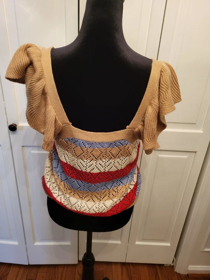 Suéter a Rayas de Crochet Tostado Mangas Acampanadas Tejido Abierto Talla M Coqueta Boho Playa Foto 2 de 4