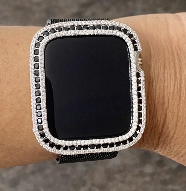 Bling Apple Watch Black Zirconia Silver Case Cover Bezel 44 mm 