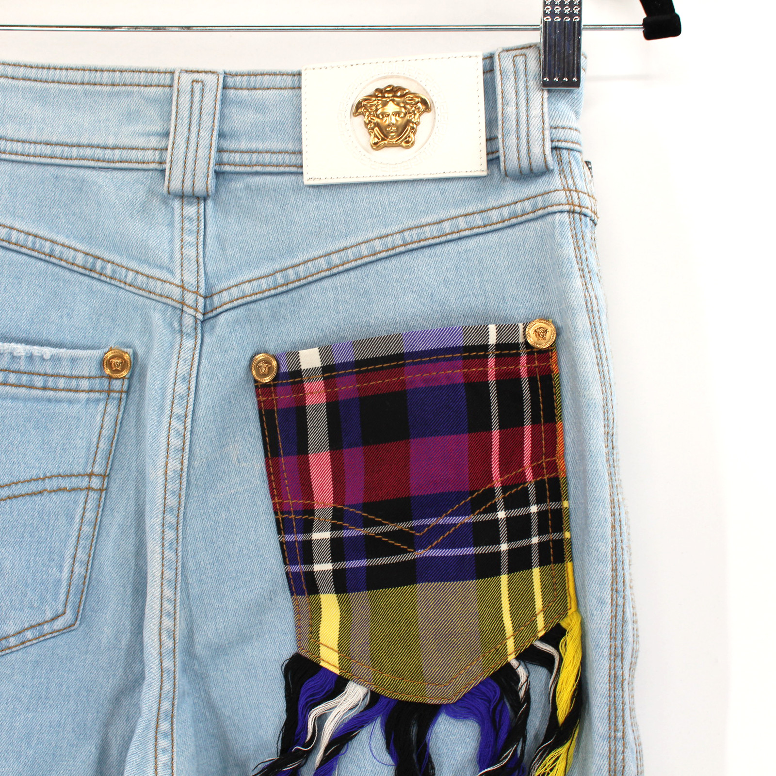 Versace Straight Leg Jeans NEW Multicolor Plaid Back Patch Pocket Fringe Size 27 image 5