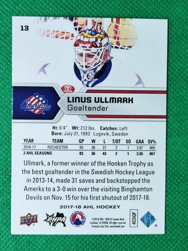 2017 Upper Deck AHL #13 Linus Ullmark NICE Ottawa Senators / Rochester Americans - Photo 2 sur 3