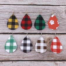 Classic Buffalo Plaid Teardrop Leather Women Earrings Independence Day Jewelry