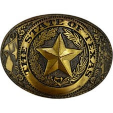 VTG Brass Belt Buckle, THE STATE OF TEXAS, 3 3/4" x 2 3/4", Made in USA