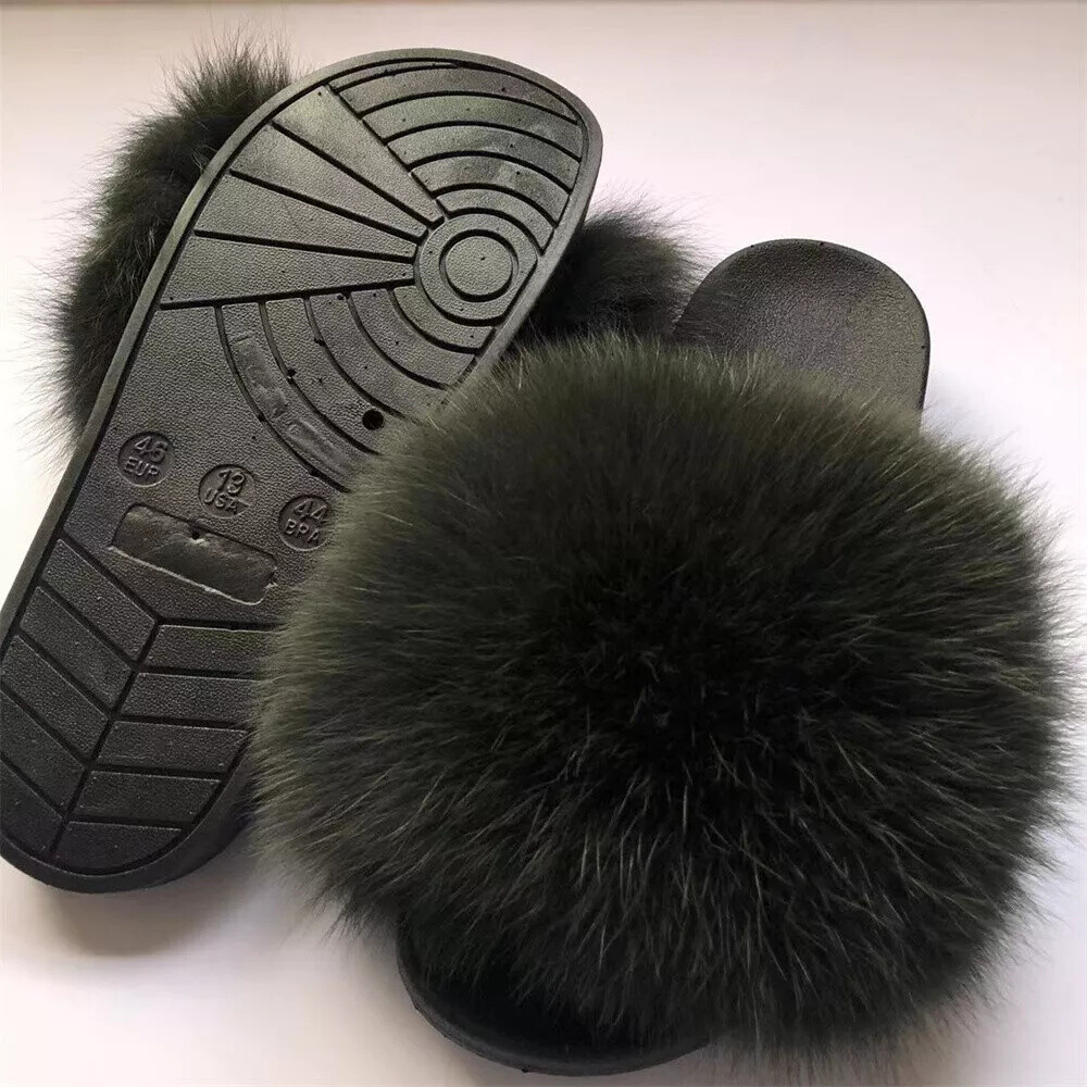 SAOLA Sandali ciabatte ciabatte basse verde militare donna max large XXL vera pelliccia di volpe