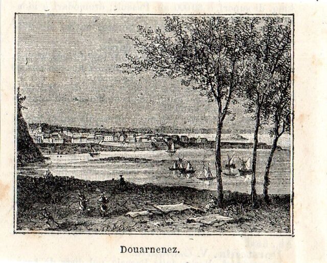 Stampa antica DOUARNENEZ piccola veduta panoramica Finistere 1897 Old Print