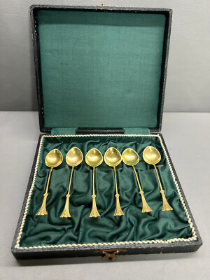 Antique Set of Six Coffee Spoons Gold Plated with Box
