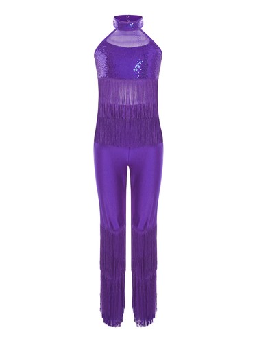 Kids Girls Leotard Long Rompers Fancy Jumpsuit Halter Bodysuit Latin Outfit - Picture 78 of 95