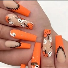 24 Fake Nails Halloween Press On Ghost Pumpkin Orange  Black Party Costume