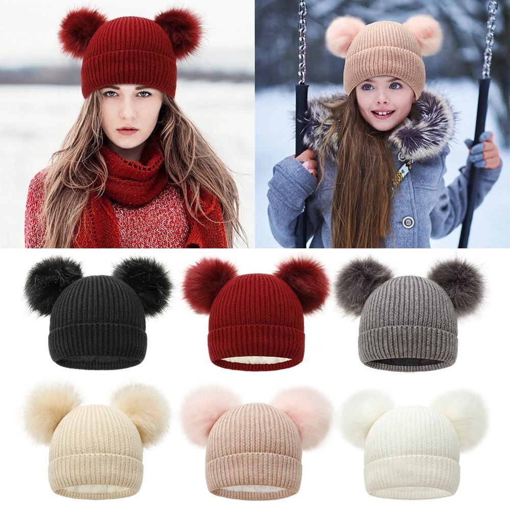 Soft Thick Beanie Warm Caps Winter Hat Women Pompom Hat Parent