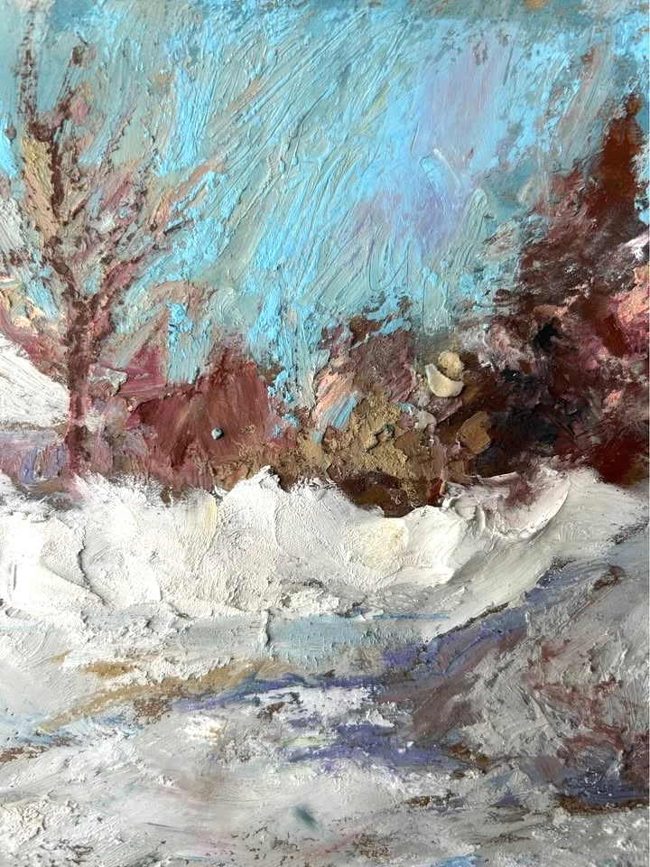 Arte de paisaje de invierno pintado a mano, niños en la nieve, pintura firmada de Navidad Foto 3 de 4