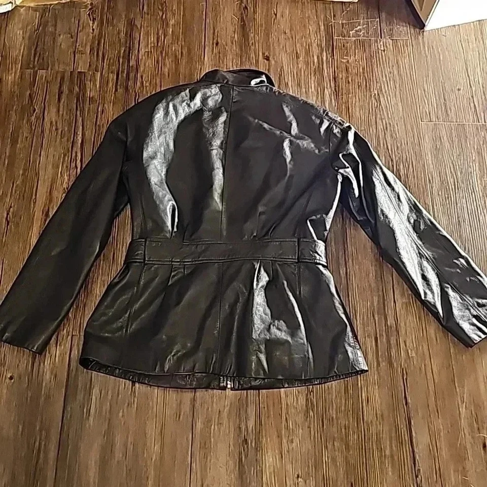 Womens Preston & York Black Leather Trench Moto Jacket Sz Petite Medium - Image 4 of 4