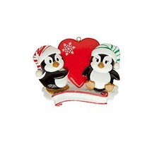 Penguin Couple Red Heart at Top with Snow Personalized Christmas Tree Ornament