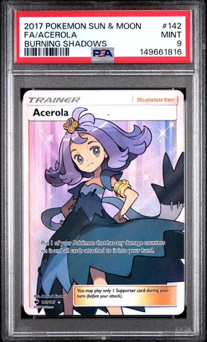 2017 POKEMON SUN & MOON BURNING SHADOWS #142 FULL ART/ACEROLA PSA 9