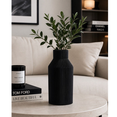 Modern Black Ribbed Vase Minimalist  Flower Vase, Matte Home Decor Bottle