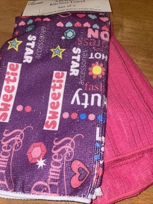 NWT~ Two Different  Kitchen Towels~ ~ Love sweetie Wow! Princess DIVA ~ 14 x 24 