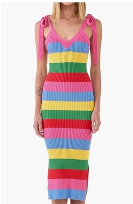 NWT English Factory Ribbed Striped Self-Tie Shoulder Bodycon Midi Dress Size M