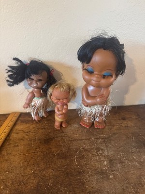 VTG Hawaiian Hula Girls & Boy Figure Doll Plastic Grass Skirt Hong Kong  70s