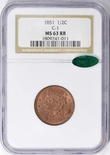 1851 Half Cent NGC MS63 RB CAC