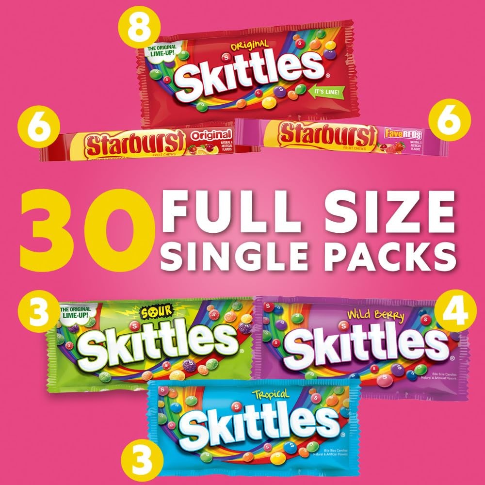 SKITTLES & STARBURST Assorted Candy Variety Pack (30 Count) Bulk Box