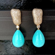 Blue Sea Shell Teardrop Gold Plated Cz Pave Stud Dangle Earrings Fashion Jewelry