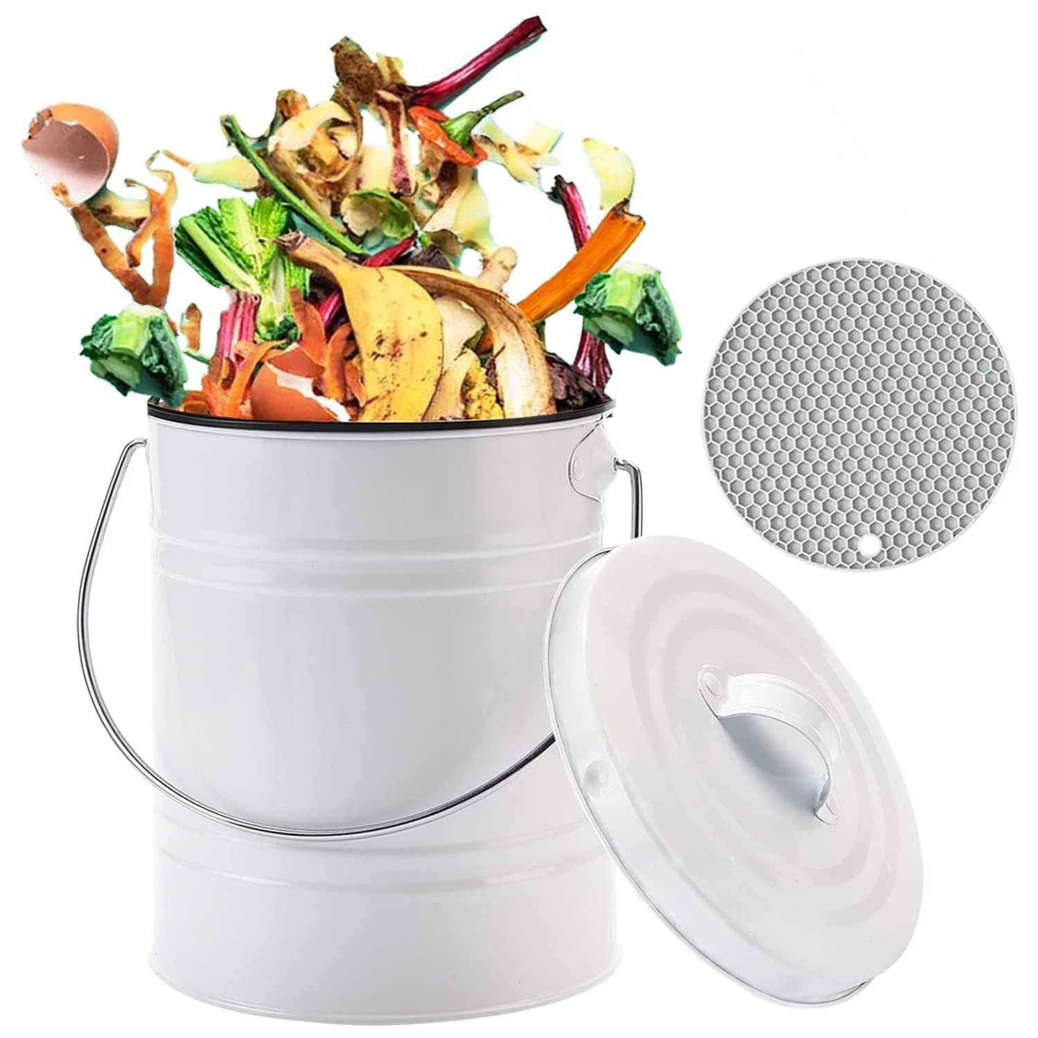 Compost Bin for Kitchen Counter, LALASTAR Small Metal White
