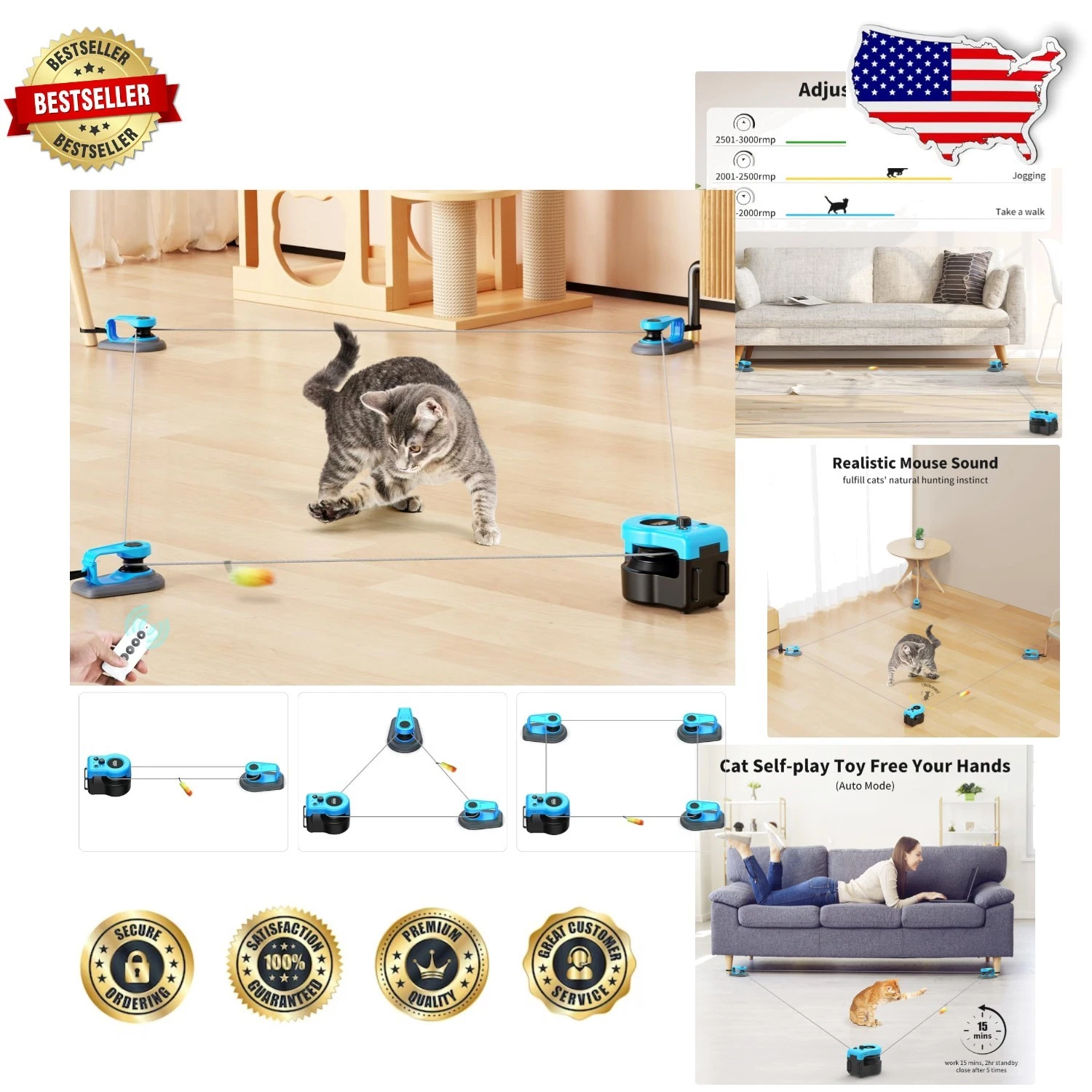 Interactive Cat Toy: Auto/Manual Modes, DIY Trajectories, Mouse Sound, Sky Blue