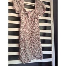 Women's Pink Floral Midi Dress with Puff Sleeves