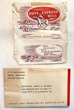RENO, NEVADA 1953 HAROLDS CLUB PONY EXPRESS MOTELS BUSINESS CARD & SOAP WRAPPER