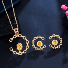 Yellow CZ Geometric Half Round Pendant Necklace Earrings Gold Color Jewelry Set