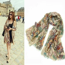 Lady Vintage Pashmina Bohemian Flowers Totem Tassel Wrap Scarf Neck Silk J5K9