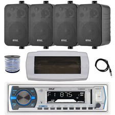 Pyle Bluetooth Marine Radio,Cover, Antenna,Wire, 4x 4" 30 Watt Black Speaker