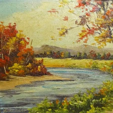 1953 Miniature Autumn Landscape Oil Painting O/B Stream Trees Signed Helen Cox 