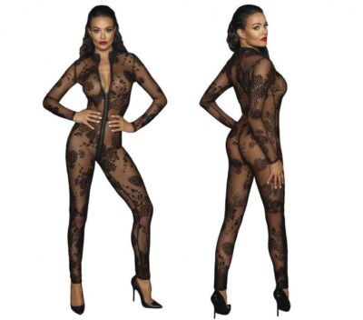 F237 Noir Handmade Netz Overall Catsuit Anzug Clubwear Sexy schwarz Langarm Sexy