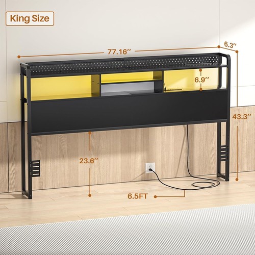 Homieasy Headboard with Power Outlets & RGB LED Light & Storage Shelf & Pegboard - Picture 18 of 21
