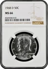 1968-D  KENNEDY  US Half Dollar,   MS66 by NGC,   an EXQUISITE looking coin!!!!