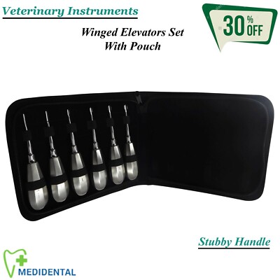 Veterinary Instruments Winged Root Elevators Set Stubby Handle With Black Pouch 