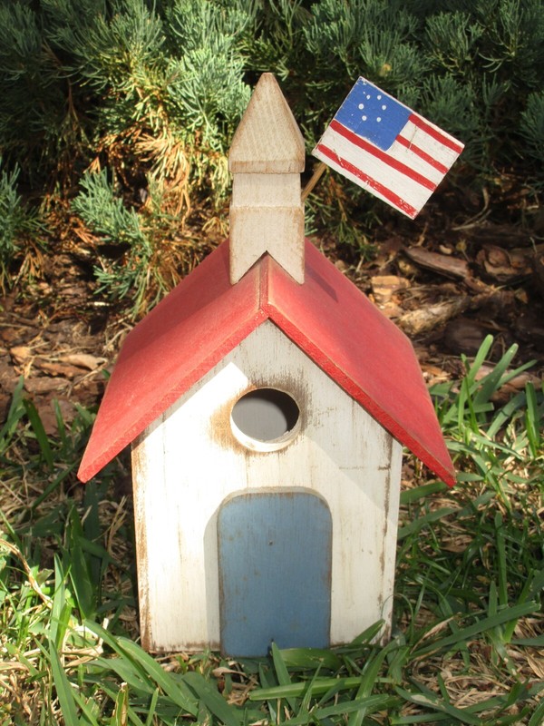 Primitive Antique Fairfield Bird House Wood Little Red School House Folk Art