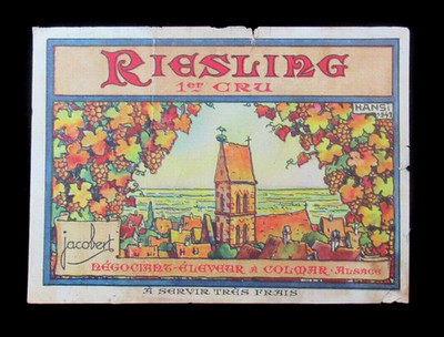 Vintage Wine Label Riesling Alsace for Jacobert 1947 France