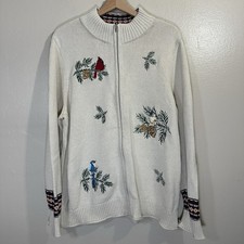 Christopher  Banks Women  s L Full Zip Cardigan Birds Hand Embroidery Cottage