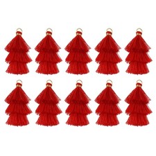 10PCS Tiny Tri-Layered Tassels Bohemian Keychains Red 