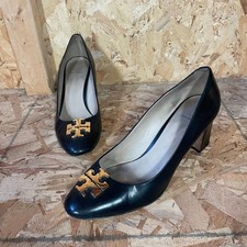 Tory Burch Block Heel Pumps Womens Size 9.5 Janey Black Gold Logo Leather Heels