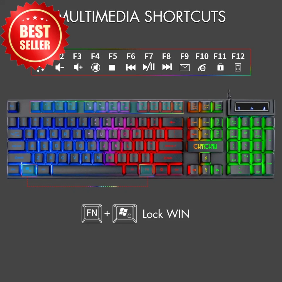 Gaming Keyboard Mouse Combo LED 104-Key USB 3600DPI w/ Mousepad PC PS5 Xbox - Image 2 of 4