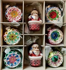 8 LARGE Shiny Brite Christmas Ornaments Radko 6 Indents Rounds 2 Santa Chimney