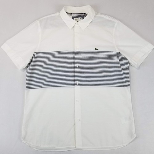 Lacoste Shirt Mens Large Poplin Stripe Button Up Short Sleeve Slim Fit CH4865