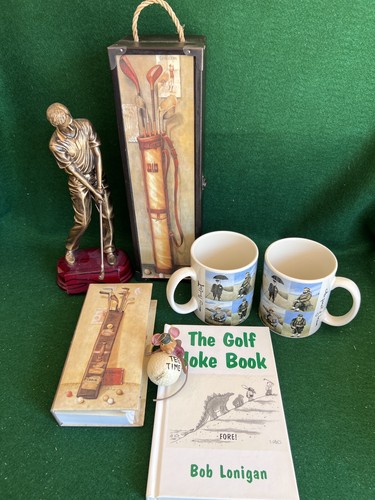 Lot of golf themed items, Trophy, mugs, wine box, ornament, joke book, notepad