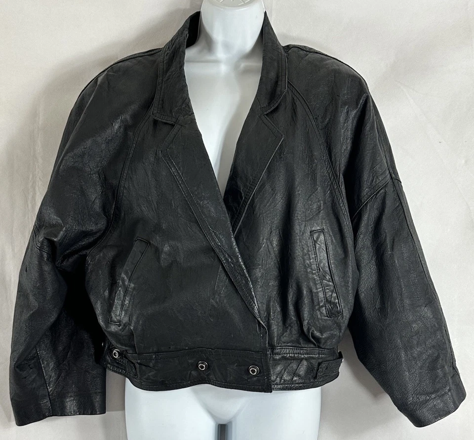Vtg 80's Winlit Size M Black Leather Bomber Biker Jacket Wing Sleeve Snap Waist - Image 3 of 4
