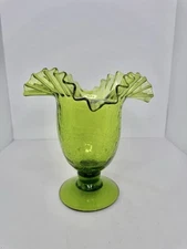 Vintage MCM Blenko Glass 388 Vase In Olive Green Crackle  Pre-designer 8.5”