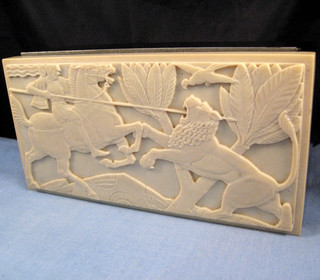 ELO WARE BAKELITE KING ASHURBANIPAL HORSE LION JEWELLERY TRINKET CIGARETTE BOX
