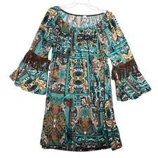2B Together Women's M Bohemian Paisley Fringe Bell Sleeve Mini Dress Colorful